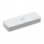 The Canon imageFORMULA R10 Portable Document Scanner 32559J is a sleek and compact scanner. Its modern design features a glossy black finish with subtle brand detailing. The top has a silver panel with functional buttons and indicators. The scanner bed is thin and flat, perfect for scanning documents on the go.