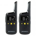 The picture features two sleek black Motorola handheld two-way radios, the XT185 PMR446 model. They come in a convenient twin pack and are labeled with the model number 32618J.