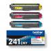 The photo shows Brother TN241 cyan, magenta, and yellow toner cartridges neatly arranged in a pack, labelled 33027J. The vibrant colors of the cartridges contrast against the white packaging, making it easy to identify each cartridge. The Brother logo is prominently displayed, indicating the brand and quality of the product.