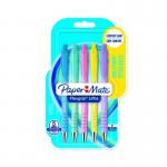 This photograph captures five pastel-colored ballpoint pens from the brand Paper Mate, made by Newell Brands. The pens, with blue ink, are retractable and feature a Flexgrip for comfortable writing. The packaging includes a pack of five pens. The design is sleek and modern, with a focus on ease of use and practicality. In the photograph, the pens are neatly aligned, showcasing their slim and lightweight design. The pastel colors add a touch of personality and playfulness to the otherwise functional writing instruments.