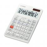 This picture shows two Casio JE-12E ergonomic desktop calculators in black and white. They have a sleek design with a wide, easy-to-read display and comfortable angled keypad. On the top right corner, there is a solar panel for energy efficiency. The calculators have several buttons for basic operations and a blue equals button for quick calculations. Each one also has a foldable stand for easy use on any flat surface.