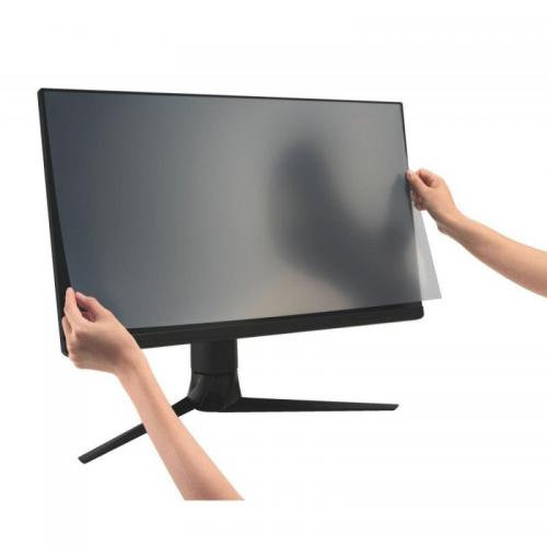 This picture shows a sleek black anti-glare screen filter by ACCO Brands for a 24 inch monitor. The filter is specifically designed to reduce blue light and minimize glare, creating a clearer and more comfortable viewing experience. A Kensington logo can be seen in the corner.