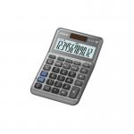The photo shows a sleek Casio MS-120FM desk calculator with a large, easy-to-read display and buttons for basic mathematical calculations. Its compact design and black color make it ideal for home or office use.