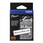 In the photograph, two Brother laminated labels, one black and one white, are shown side by side. The labels are connected by a clear heat shrink tube, measuring 21mm in width. The black text on the labels is crisp and legible against the white background. The overall appearance is professional and durable.