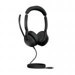 This photo features the sleek and modern Jabra Evolve2 50 USB-C UC Stereo Headset, perfect for professional use. Its over-ear design and noise-cancelling technology provide comfort and clear sound quality. The simple yet stylish design makes it a great choice for any work environment.