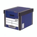 This image is of a pack of 5 blue Bankers Box Premium Presto Tall Boxes by Fellowes Bankers Box. The boxes are stacked neatly, with the logo and label clearly visible on the front. Each box has a convenient pull tab for easy access.