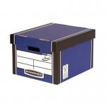 The photograph shows a stack of five Fellowes Bankers Box Premium Classic Boxes in a vibrant blue color. Each box is labeled with the brand name and has a lid that can easily be removed for storage or transportation. The boxes are sturdy and neatly organized, making them a great choice for any office or home workspace.