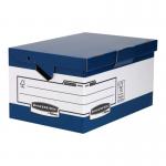 The picture shows 10 Fellowes Bankers Box System ERGO-Stor Maxi boxes stacked together. The boxes are labeled with the brand name and have a smooth, white finish. The flaps are clearly visible and there is a small handle hole on the front for easy carrying.