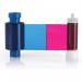The image shows a Magicard MC300YMCKO colour ribbon with a capacity of 300 prints. The ribbon is vibrant and consists of yellow, magenta, cyan, and black panels. The ribbon is designed for name badges and has the Magicard logo on the packaging.