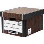The picture shows five Fellowes Bankers Box Premium Classic Boxes in a woodgrain design. Each box has a label holder and a lift-off lid for easy access to documents.