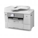 A modern and sleek Brother printer, the MFC-J6959DW is a professional A3 wireless inkjet multifunction printer. The device is compact and features a crisp white exterior with black accents. The control panel is located on the top front and includes a vibrant LCD display. The printer also has a spacious paper tray and multiple connectivity options.