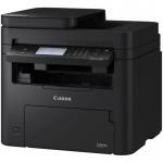 The image shows a sleek, black Canon Laser Multifunction Printer with a green screen display. It has multiple paper trays and a document feeder on top. A stack of papers is printing from the machine. The Canon logo is visible on the front.