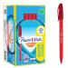 In the photograph, there are 50 red Newell Brands Ballpoint Pens with the paper Mate S0957140 Inkjoy 100 label. Each pen is medium sized and capped. They are neatly tucked together, giving a tidy look. The ink color appears to be a vibrant shade of red.