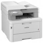 The Brother Colour Laser Printer Brother MFC-L8340CDW Professional Colour LED Multifunction has a sleek black design with a clear control panel and multiple trays for paper storage. The LED display screen shows options for scanning, copying, and printing in vibrant colors. The printer sits atop a sturdy base, making it a reliable and professional addition to any office space.