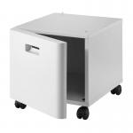 The photo shows a sturdy, black cabinet with the Brother brand logo on the front. It is designed specifically for colour laser printers and features shelves and storage compartments for printer accessories. The cabinet has a sleek and professional appearance, making it a great choice for organizing a home or office printer setup.