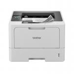 The photo shows a sleek Brother HL-L5210DW Mono A4 Laser Printer. It has a compact design with a black finish. The front panel features a small LCD screen and control buttons. The paper tray is visible on the bottom, while the top houses the scanner and output tray. The Brother logo can be seen prominently on the top left corner.