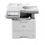 This image shows a sleek, modern Brother multifunction laser printer, the MFC-L6910DN. It features an all-black body with a large display screen and a flat, document feeder on top. The compact size and clean design make it suitable for any office setting.
