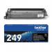 In the picture, there is a pack of Brother ink cartridges. Specifically, the TN249BK Ultra High Yield Black Toner Cartridge is shown with the label 34021J. The packaging is black and white with the Brother logo prominently displayed. The cartridges appear to be standard size and are neatly arranged in the packaging.