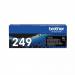 The photograph captures a black toner cartridge with the label Brother Ink Cartridges and Brother TN249BK Ultra High Yield on the top. The cartridge has a sleek design and is filled with black ink. The label also includes the model number 34021J.