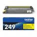 This picture features a yellow Brother TN249Y ultra high yield toner cartridge, designed for use with Brother ink printers. The cartridge has a sleek, compact shape with clear labeling and a bold yellow color.