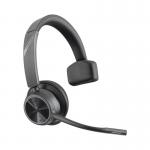 This image shows a sleek, black HP Poly wireless headset, specifically the Voyager 4310 model. The headset features a USB-A connection and a single earpiece, providing wireless freedom and comfort for users.