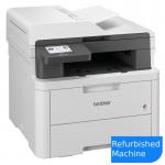 This picture features a sleek and modern Brother MFC-L3740CDWE laser printer, labeled as a Grade A refurbished machine. Its compact design and impressive features make it a great addition to any office space. The printer is shown in vibrant colors, with clear and crisp buttons and a multifunctional display screen.