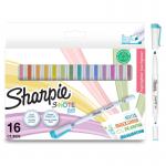 This photo showcases a pack of 16 Newell Brands Highlighters Sharpie 2182115 S-Note Duo Dual-Ended Creative Markers. The markers come in vibrant colors and have a sleek, dual-ended design. The pack is neatly arranged, with each marker perfectly aligned.