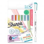 This image shows a pack of 8 Newell Brands Highlighters Sharpie S-Note Duo Dual-Ended Creative Markers. The pack includes a variety of bright and bold colors, perfect for adding color and emphasis to notes and artwork. Each marker has a chisel and fine point for versatile use.