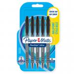 The photo features a pack of five sleek black ink ballpoint pens from Paper Mates Flexgrip collection. The pens are retractable and have a comfortable grip for writing. The packaging prominently displays the Newell Brands logo.