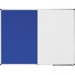 The photograph captures a vibrant blue textile notice board by Edding Combi Notice Boards Legamaster UNITE. Measuring 90x120cm, it features a unique combination of whiteboard and pin board for versatile use. Perfect for displaying important information in any setting.