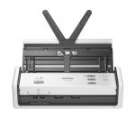 The Brother ADS-1300 Compact Portable Document Scanner 34766J is a modern, sleek scanner with a compact design. The scanner is black and has a small, digital display screen on top. It features a lid that lifts up to reveal the scanning bed, and a built-in feeder for multiple-page documents.