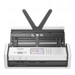 A sleek and compact portable document scanner with the brand name Brother, model ADS-1800W, and product number 34767J. It has a modern design and can easily fit on a desk. The device is lightweight and features a built-in LED to display scanning progress.