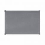 This image shows a sleek and professional grey felt noticeboard with an aluminium frame. The rectangular shape measures 1200x1200 and features the brand names Bi-Silque and Bi-Office. The subdued color scheme and sturdy design make it a versatile addition to any workspace.