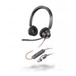 The photo features the sleek and modern design of the HP Poly Blackwire 3320 USB MS Binaural Headset, accompanied by its USB A-C adaptor. The black color adds a professional touch, making it suitable for various work environments.