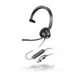 In the picture, there are two black HP Poly headsets with padded ear cushions and a flexible noise-cancelling microphone. The headsets have a USB-A and C adaptor attached, allowing for easy connection to devices. One person is wearing the headset, demonstrating its monaural design. The sleek and professional appearance makes it suitable for use in various settings.