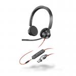 In the picture, a pair of black HP Poly headsets can be seen. They have a sleek and modern design, with both 3.5mm and USB connectors. The headsets are in stereo format and come with a USB-A to C adaptor. They appear to be high quality and suitable for a variety of uses.
