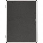 This photograph shows a sleek and stylish Bi-Silque glazed notice board by Bi-Office. The board features a grey felt backing and is lockable, making it perfect for displaying up to 16 A4 sheets.