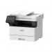 The photo shows a sleek, modern Canon printer featuring a black and white design. Its touch screen display is illuminated, with various buttons and ports visible. The printer boasts a multifunctional capability and a powerful laser printing function.