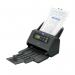 The photograph shows a sleek and modern Canon imageFORMULA DR-M260 Document Scanner, with the Canon logo prominently displayed. The scanner is on a desk, surrounded by cables, and is in the process of scanning a document. The scanner has a compact design and features a paper feeder with adjustable guides. The scanner captures crisp and clear images with its advanced imaging technology.