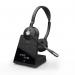 The image shows a Jabra wireless headset, specifically the Engage 75 SE Stereo DECT model. The headset can connect to 5 devices, including a desk, PC, and mobile for versatile use. The SKU indicates it is from the UK.