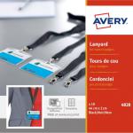 The picture shows a set of Avery UK name badges attached to lanyards. The badges are rectangular and feature a sleek design with a professional-looking font. The lanyards are black and have a clip attachment. The badges and lanyards are neatly arranged on a white background.