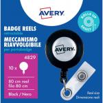 The image shows ten retractable badge reels from Avery UK, with the brand name visible on the reels. The reels feature a sleek black design with a clip for easy attachment. Each reel has a retractable cord for ease of use.
