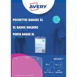 The photo features Avery UK Name Badges, specifically the 4834 Large A6 Badge Holders with Inserts 35300J. These badge holders are rectangular and have a clear plastic cover. The inserts, which are also included, easily slide into the holders.