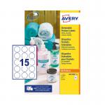 This picture features a sheet of Avery L4853REV-25 51mm removable round labels from Avery UK. The sheet contains 15 labels and has a total of 25 sheets. The labels are ideal for a variety of miscellaneous labeling needs.