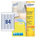 This picture shows a sheet of Avery UK mini labels, measuring 46 x 11.1mm, with 25 labels on each sheet. There are 84 labels in total. The labels are versatile and can be used for various purposes.