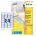 This picture shows a sheet of Avery UK mini labels, measuring 46 x 11.1mm, with 25 labels on each sheet. There are 84 labels in total. The labels are versatile and can be used for various purposes.