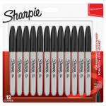A vibrant display of 12 black, fine point Sharpie Permanent Markers from Newell Brands. The vivid colors and precision tip make them perfect for any writing or artistic project. The markers come in a convenient blister pack for easy storage and access.