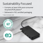The photograph shows a sleek and modern docking station with a USB-C 5Gbps port, capable of triple video output. Its compact design and driverless capabilities make it perfect for mobile use.