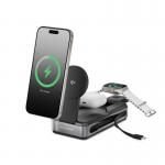 The photo shows a versatile Alogic Mobile Power Bank from the Roam series with a 21,000mAh capacity. It features 3-in-1 wireless charging and comes in a sleek, compact design. The power bank is surrounded by tech devices, cables, and headphones, demonstrating its ability to keep multiple devices charged on the go.