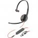 The HP Poly headsets are sleek and modern, with a blackwire C3215 USB and 3.5mm jack monaural headset. The design is simple and functional, perfect for any professional setting. The black and silver color scheme gives a professional and sleek appearance.